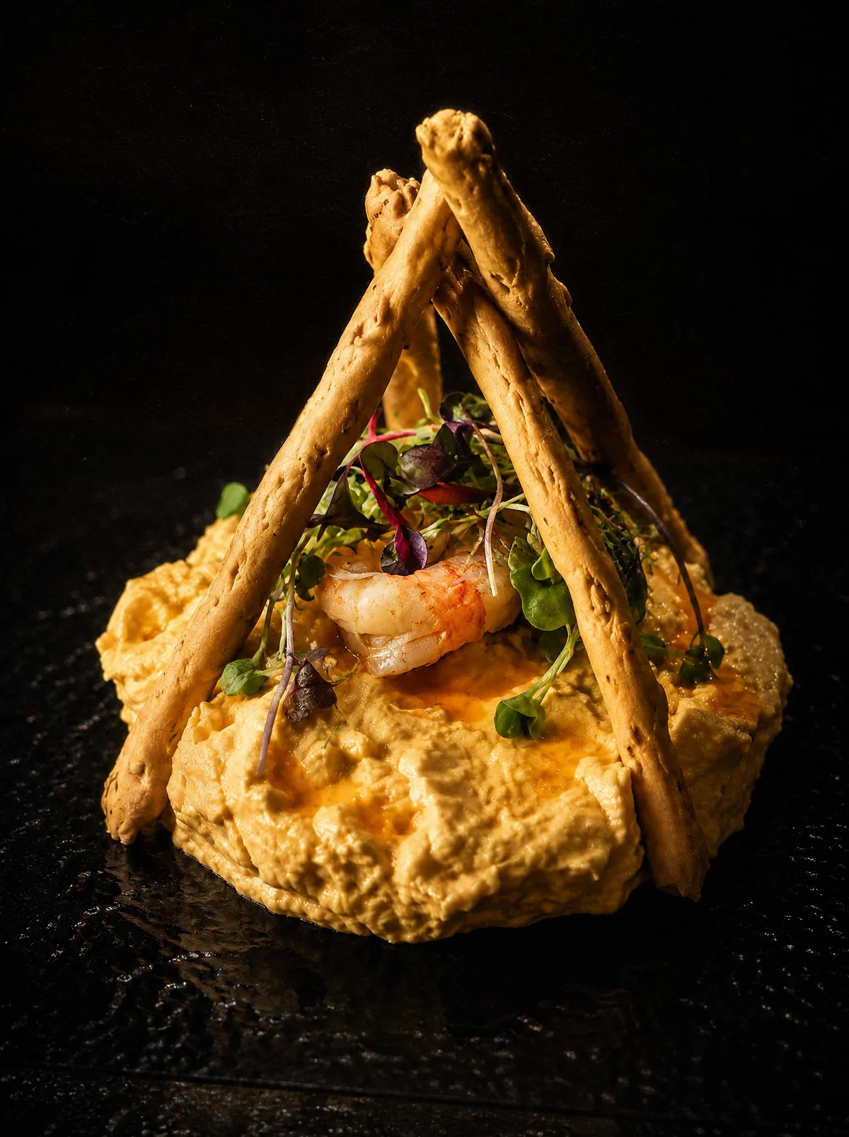 Crema de la casa con langostino, brotes y crujiente de pan